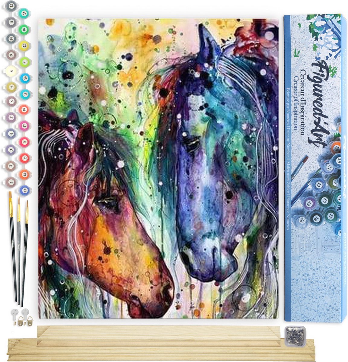 FiguredArt Schilderen op Nummer Volwassenen canvas Twee paarden kleuren - Handwerk acrylverf Kit DIY Compleet - 40x50cm met DIY houten lijst